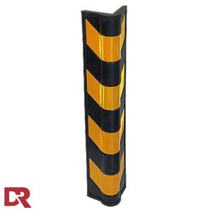 Bull nose rubber corner guard in contrast black and yellow stripes for high visibility.