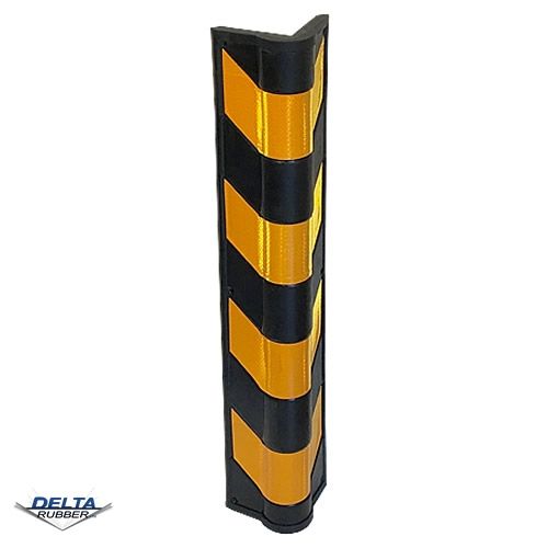 Bull nose rubber corner guard in contrast black and yellow stripes for high visibility.